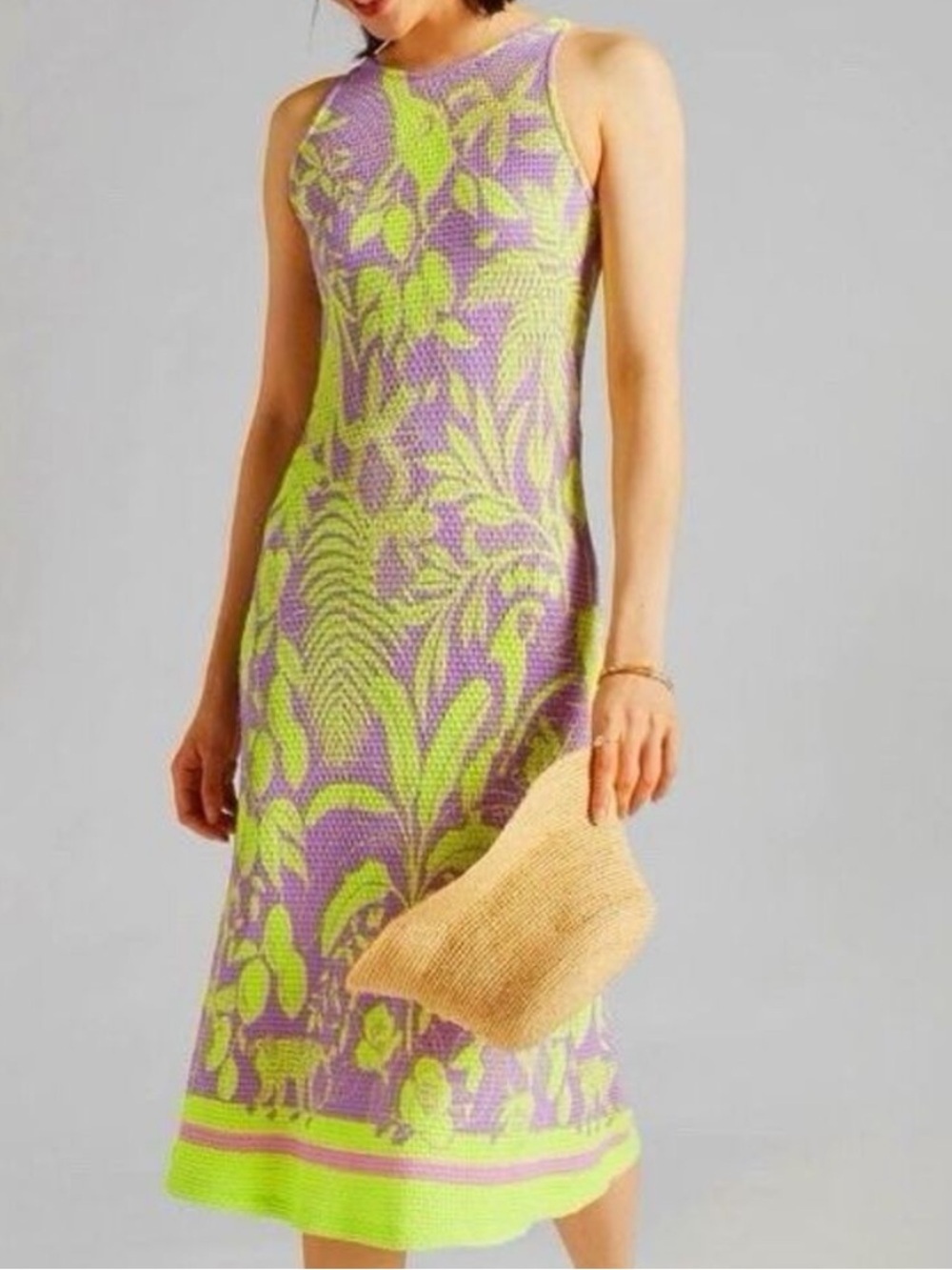 Anthropologie FARM Rio Knit Midi Purple Green Stretch Keyhole Dress
Size  Large